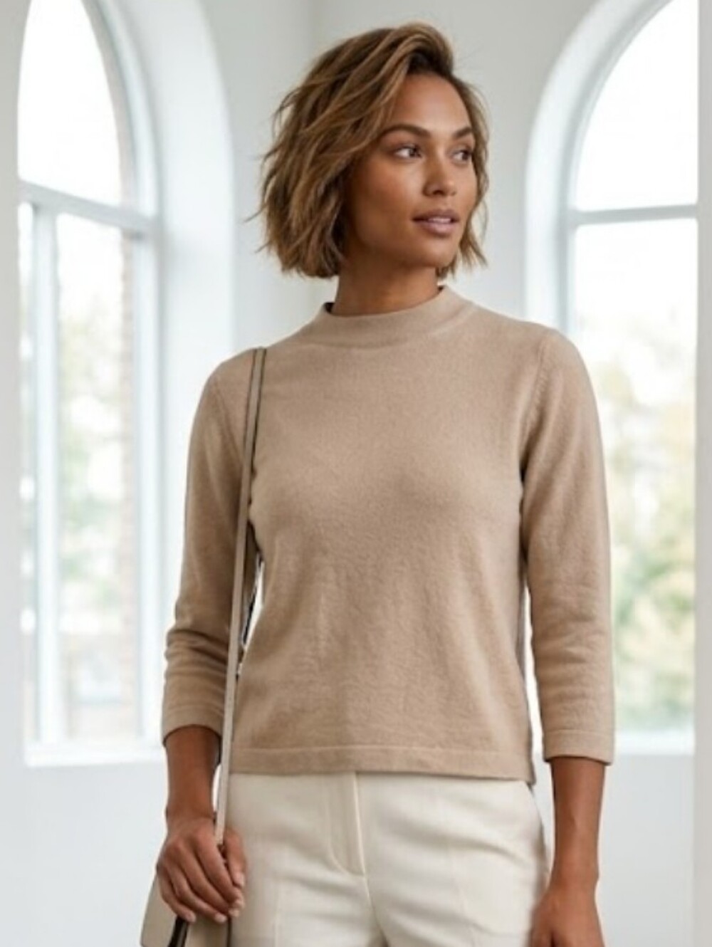 Sunspel 3/4 Sleeve Pullover Cropped Top Merino Wool Silk Blend Sz Small Or XS